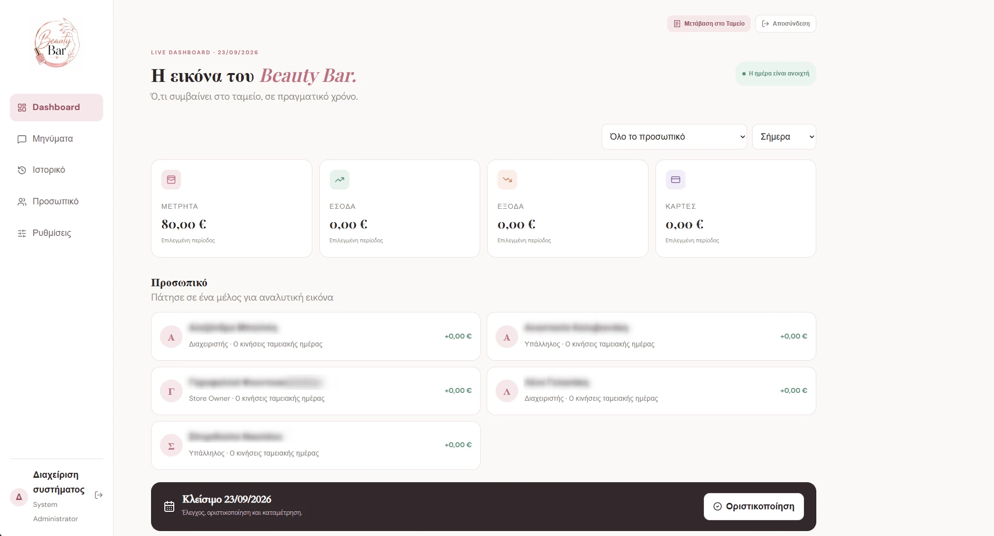 Δοκιμαστικό dashboard Beauty Bar με εικόνα ημερήσιου ταμείου και κινήσεων