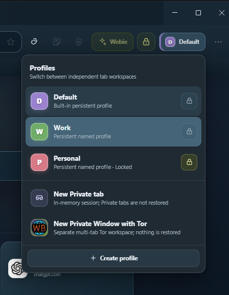 Εναλλαγή απομονωμένων profiles στον Webie Browser