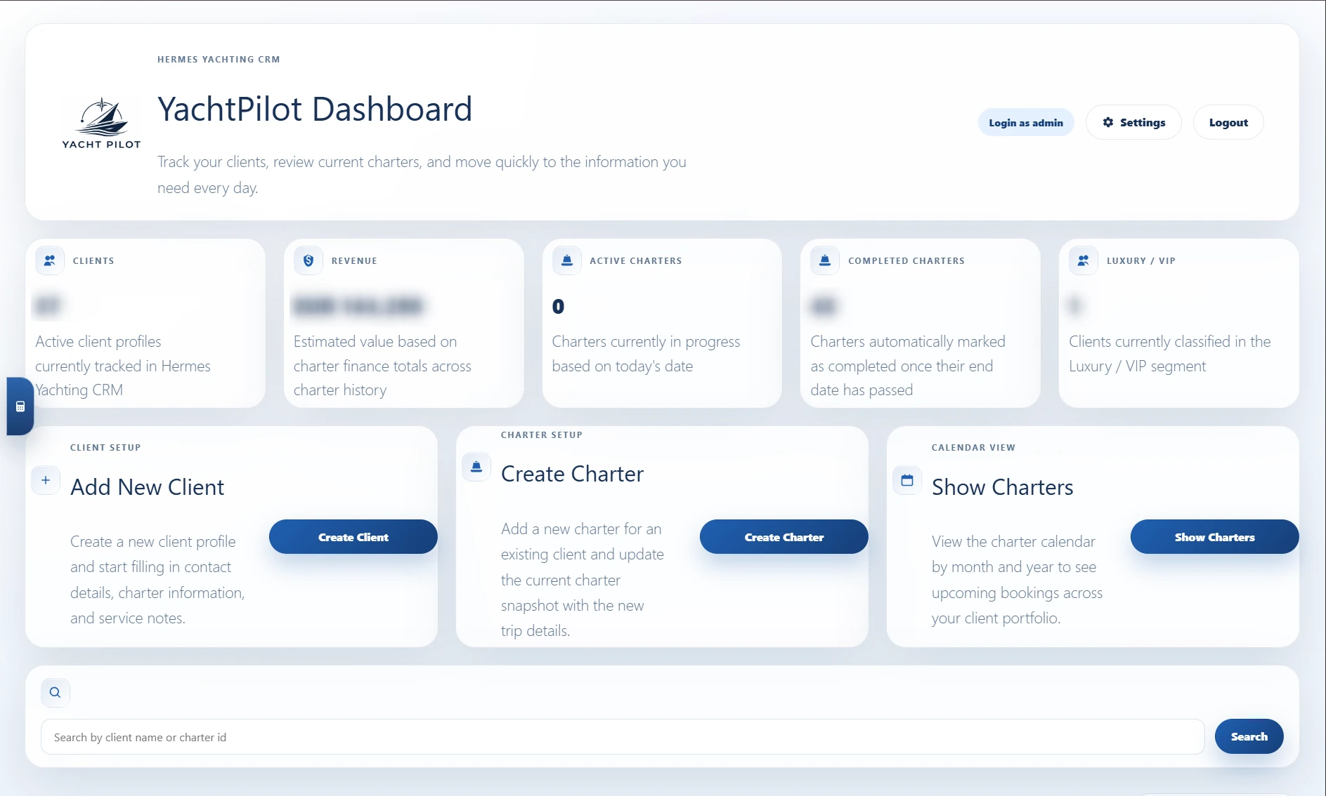 Δοκιμαστικό dashboard YachtPilot με κάρτες ναυλώσεων και ημερολόγιο