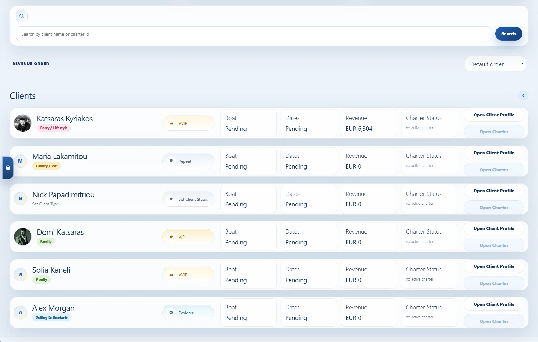 Δοκιμαστικές κάρτες πελατών στο dashboard του YachtPilot